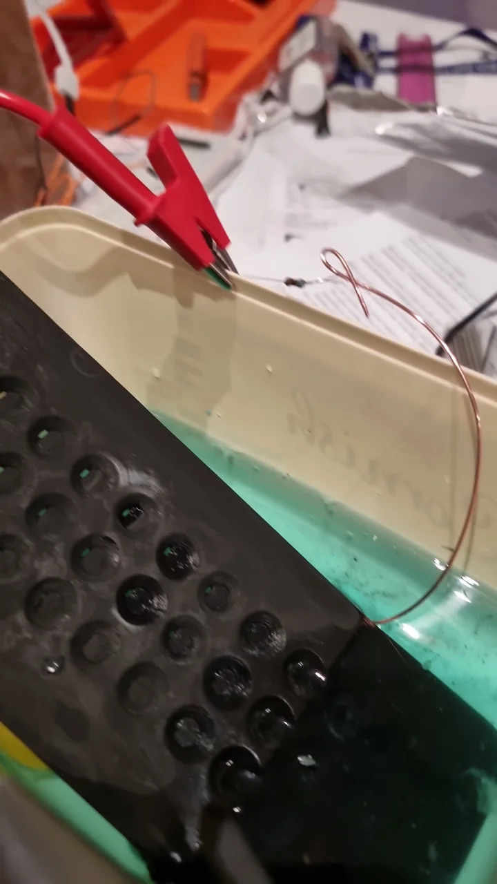 Another view of the copper electroplating setup and electrical connections